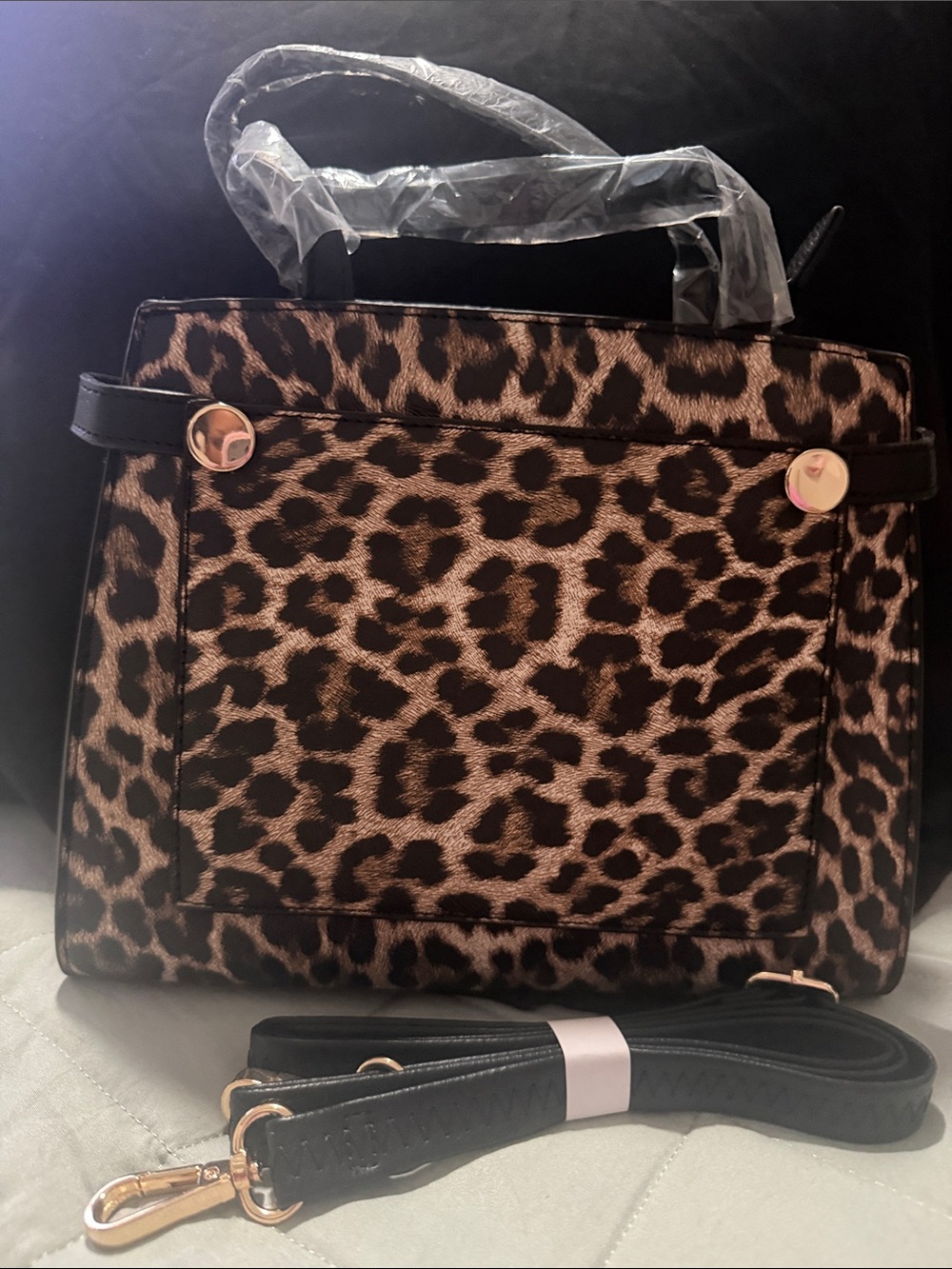 Leopard Print Structured Tote Bag with Gold Hardware